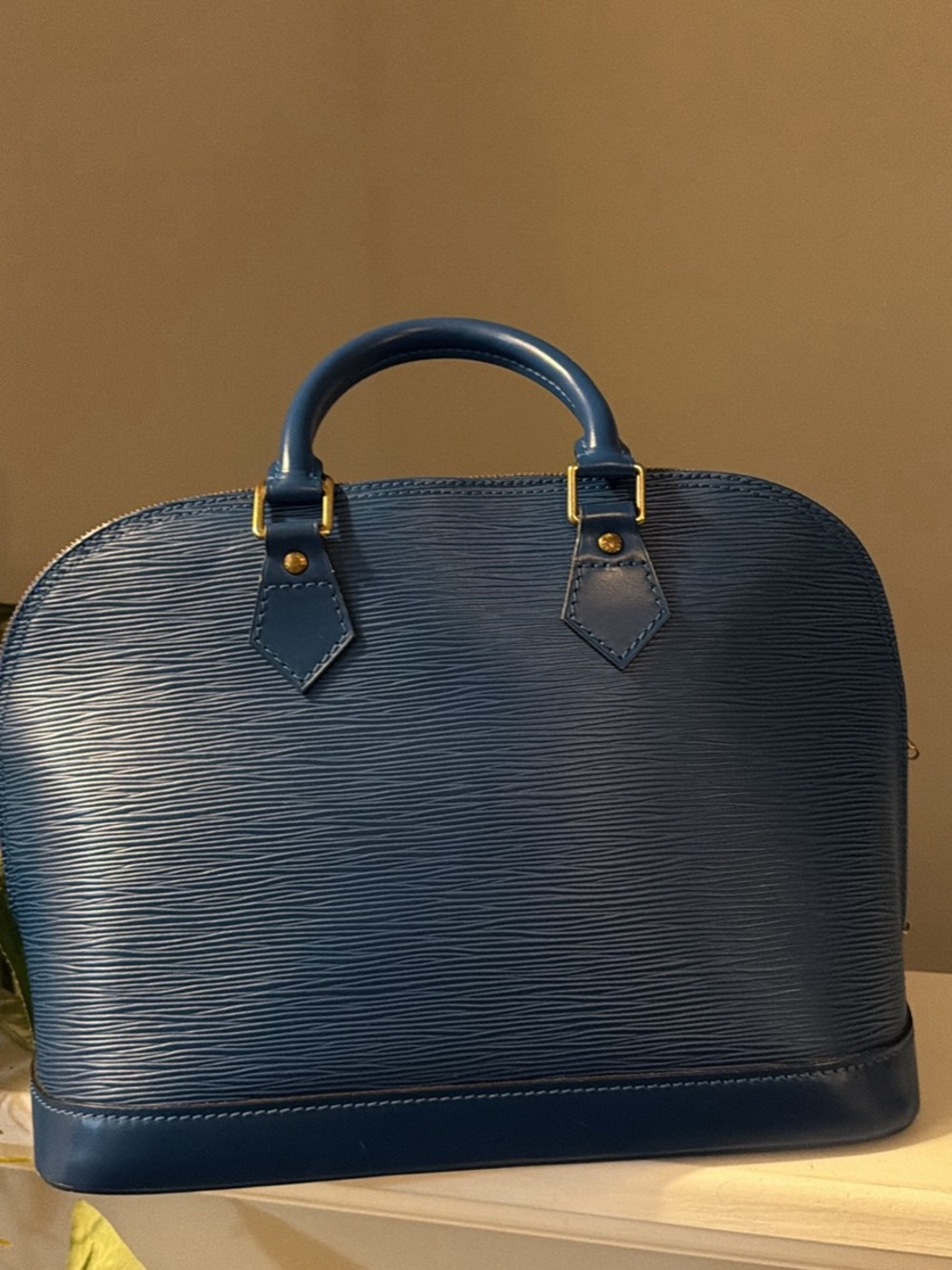 Louis Vuitton Blue Textured Top-Handle Satchel with Gold Hardware